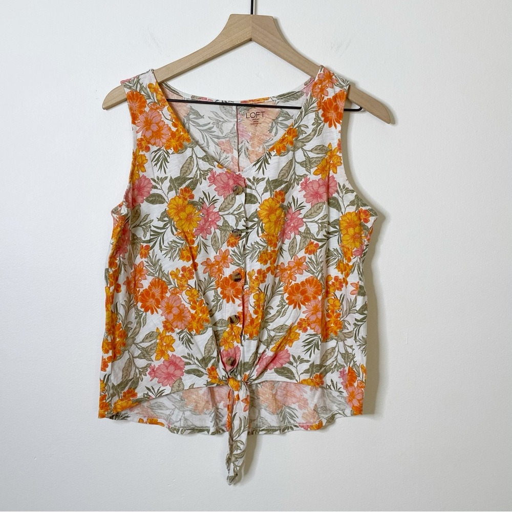 Loft Orange Floral Front Tie Sleeveless Tank Top - Size Large Petite